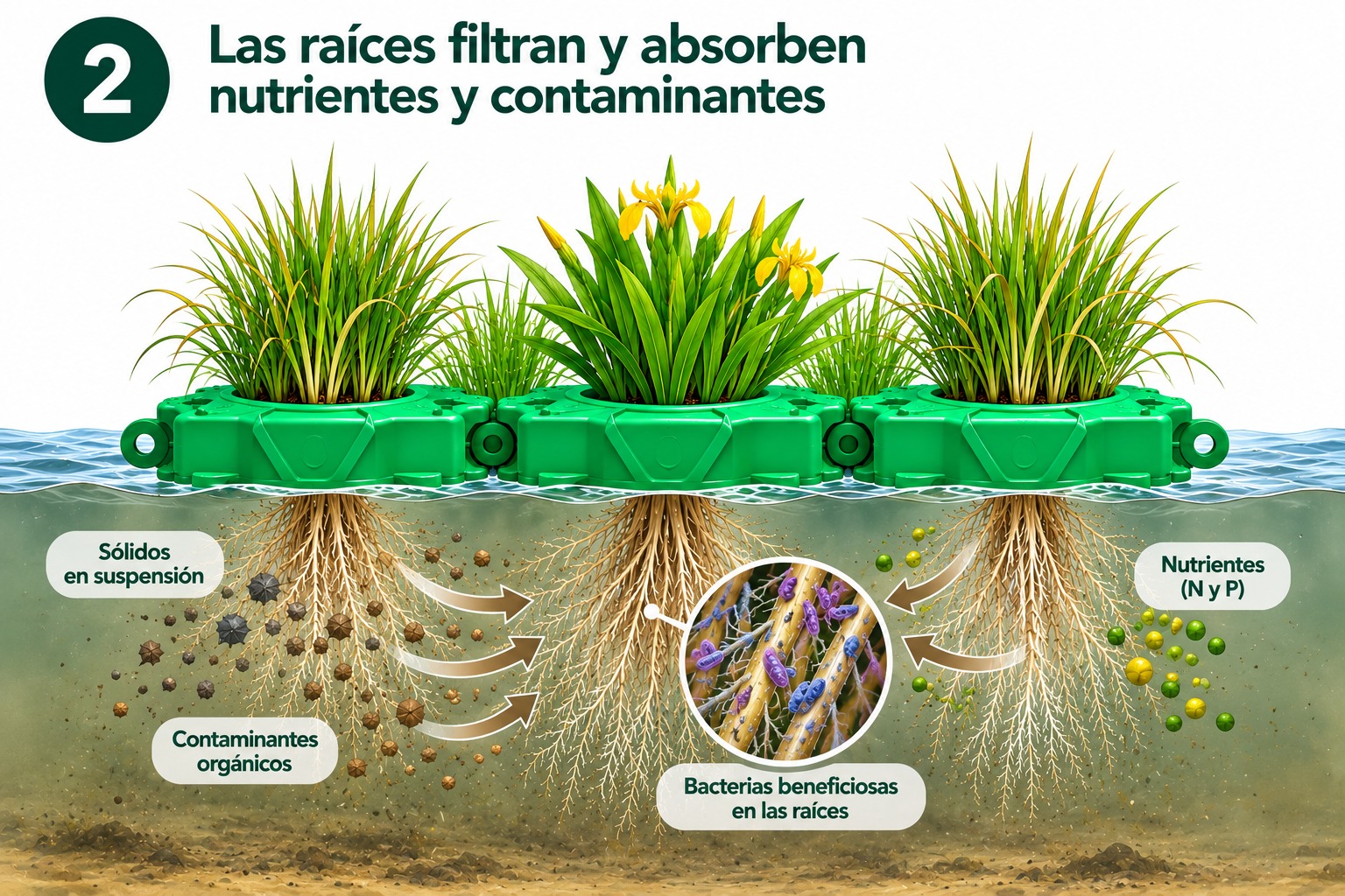 Las raíces filtran y absorben nutrientes y contaminantes